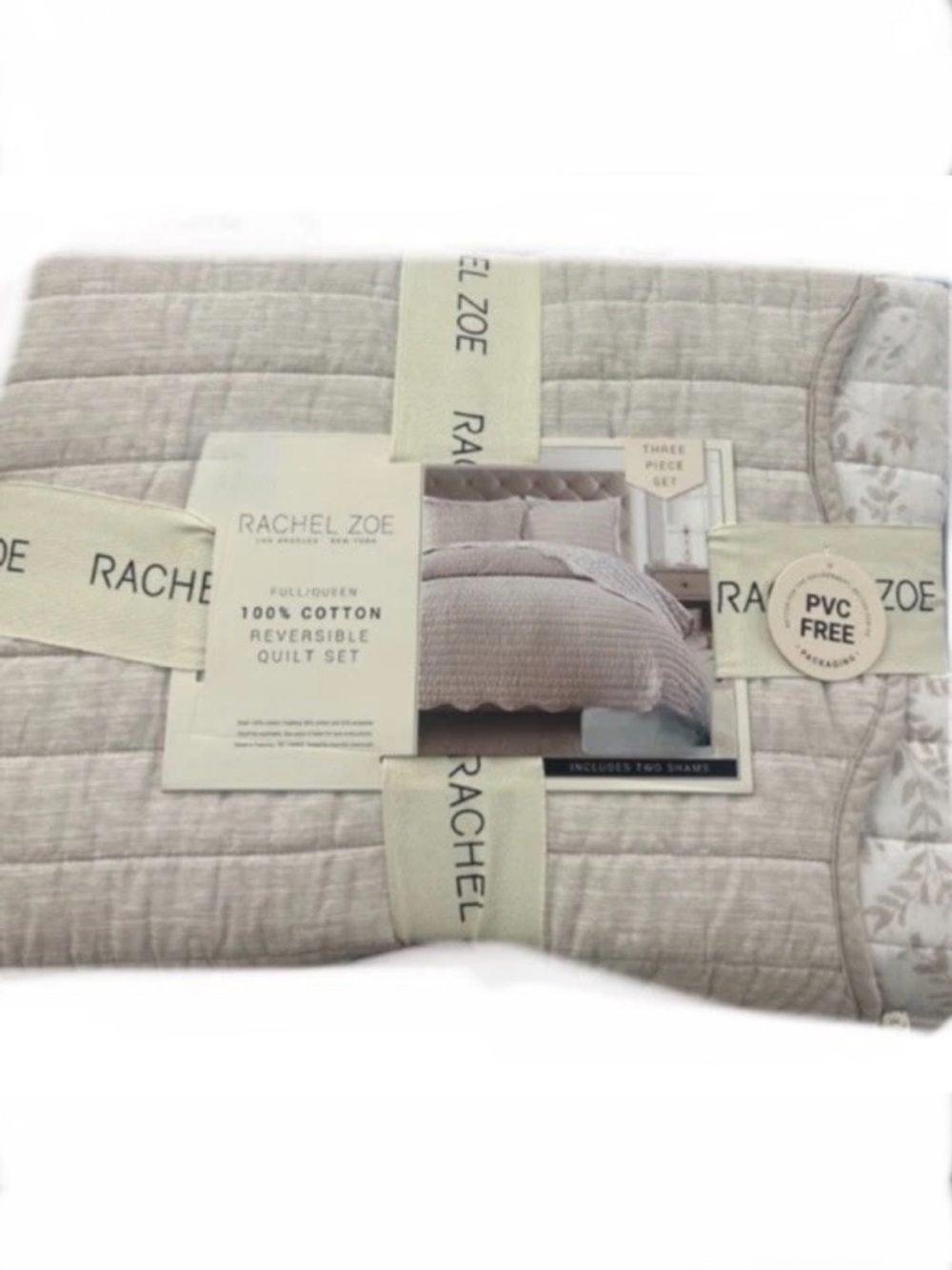 Rachel Zoe Queen Gray Cotton Reversible Quilt Set 88”x92”